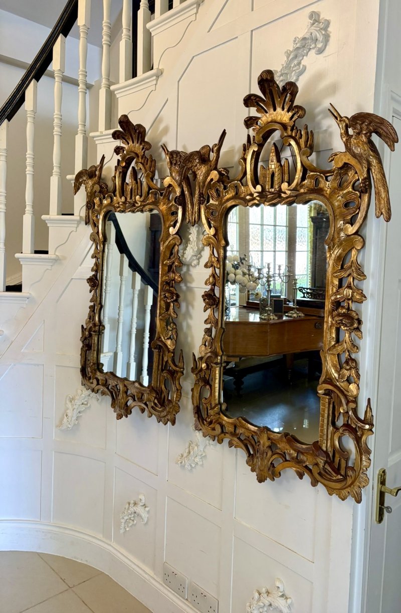Antique Pair Giltwood Rococo Chinoiserie Wall Mirrors - Image 3